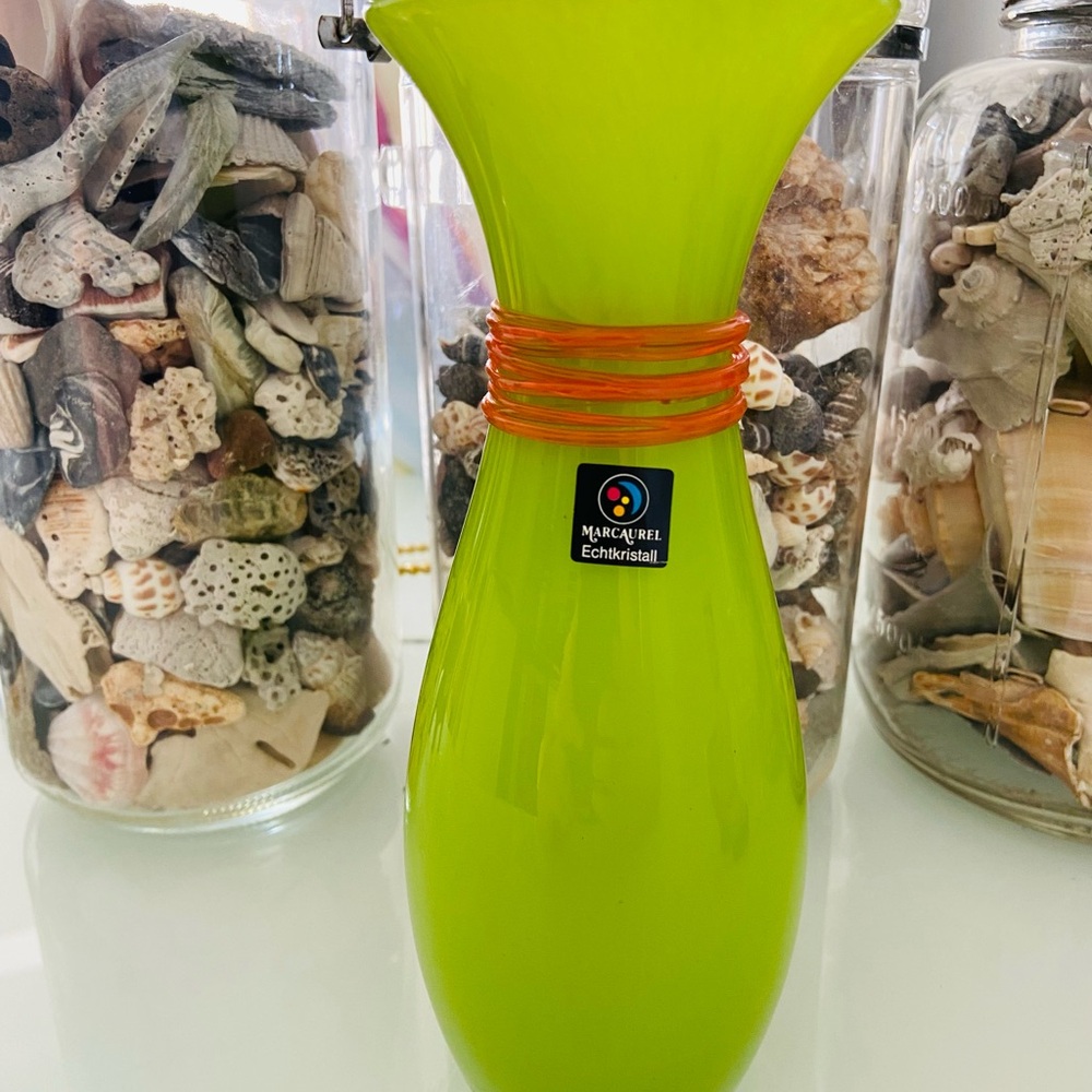 Vintage Marc Aurel-German Echtkristall Vase-Lime green with an Orange Band